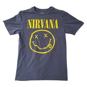 Nirvana Gray T-Shirt With Yellow Smiley Face Logo Unisex Size 10/12 Cotton Blend